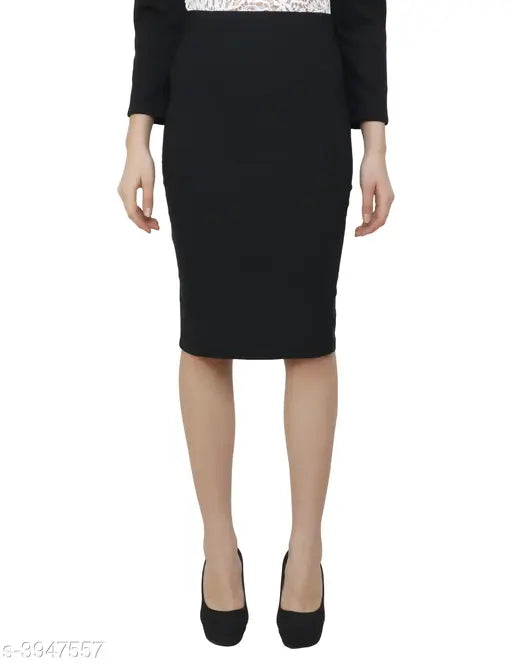 Black cotton lycra women's skirt, stitched, solid design, size S-XL