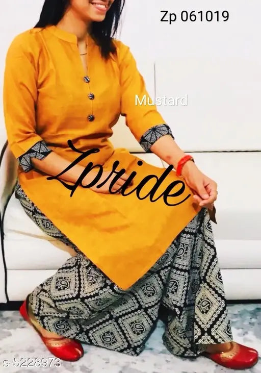 Women's cotton A-line solid long kurti with palazzos, three-quarter sleeves, Rayon lining, available in multiple sizes from L to 7XL. Indian-made traditional ethnic wear