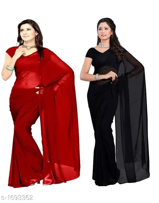 Women's black and red georgette sarees set of 2 with matching petticoat