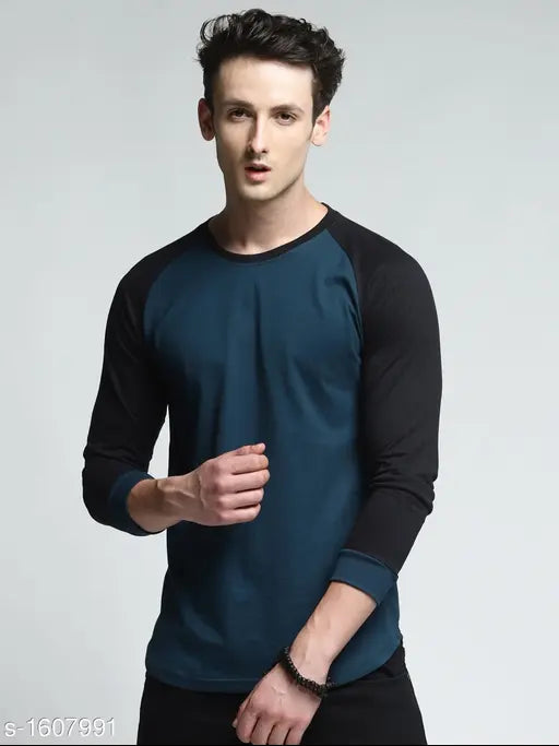 TRENDS TOWER Men Full Sleeve Raglan Round Neck Shirt (Dark Green and Black, L)