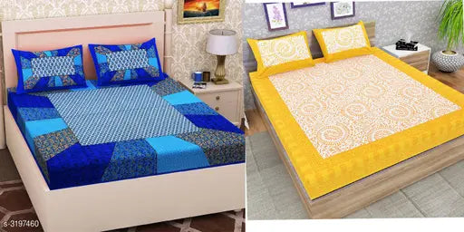 Attractive designer cotton double bedsheets combo (2 pcs bedsheet, 4 pc pillow covers), high-quality printed 144 thread count sheets from India