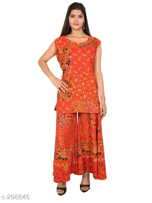 Cotton printed short kurti with palazzos, sleeveless, vibrant Indian fashion