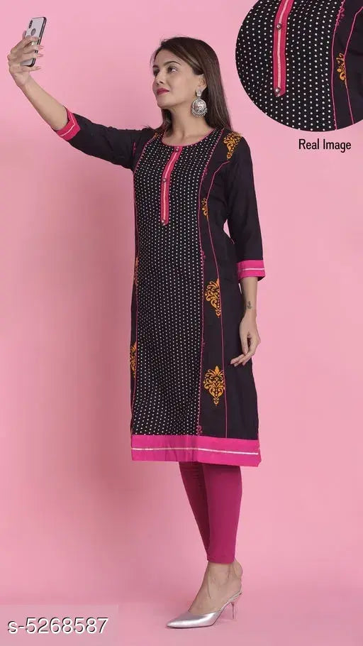 Cotton micro-printed A-line kurti by Divena, three-quarter sleeves, Indian fashion, women's casual wear