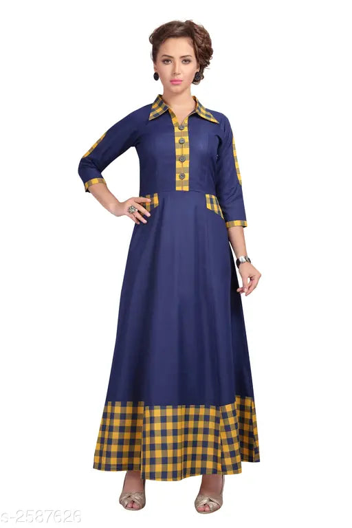 Printed long anarkali kurti in silk, navy and yellow