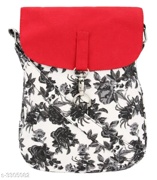 Black and white floral patterned canvas sling bag with red strap, multiple card slots, and zip closure