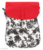 Black and white floral patterned canvas sling bag with red strap, multiple card slots, and zip closure