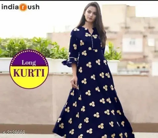 Rayon printed long Anarkali kurti for women, size options 38-46, stitched work, India origin