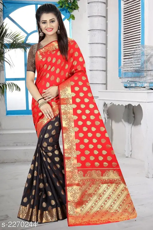 Cotton silk Banarasi women's saree, zari woven pattern, India-made, free size