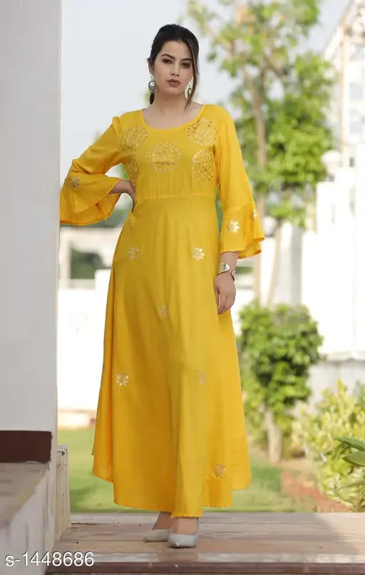 Yellow rayon embroidered flared kurti, three-quarter sleeves, Indian ethnic wear