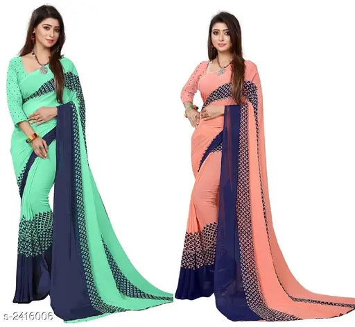 Pink and blue georgette saree set with blouse, comb pack of 2