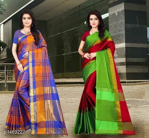 Attractive linen-silk sarees pack of 2, free size, zari woven blouse pattern, Indian origin