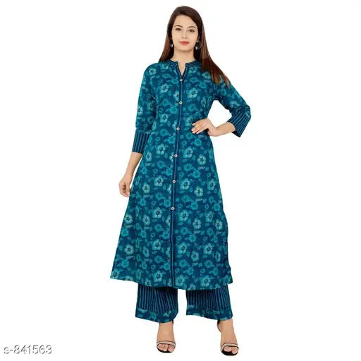Alluring printed cotton kurti set with palazzos, three-quarter sleeves, pack of 2 sizes (S-XXL), Indian fashion