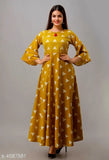Yellow cotton printed mustard kurta women's long sleeves