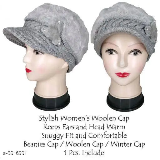 Stylish women's woolen cap with gray trim, keeps ears and head warm, comfortably fits and is snuggly, featuring a pom-pom on top, worn by a mannequin, includes 1pc