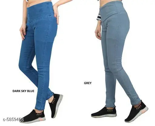 Denim Skinny Fit High Waist Dxblue-Grey Jeggings Pack of 2 for Women - Close-up on elastic waistband and ankle length