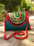 Teal embellished slingbag with multicolor beads and tassels