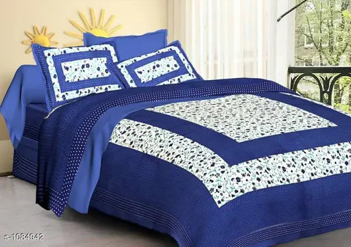 Stylish printed double cotton bedsheet, 160 thread count, 108in x 93in (bedsheet) 27in x 17in (pillow cover), Indian origin