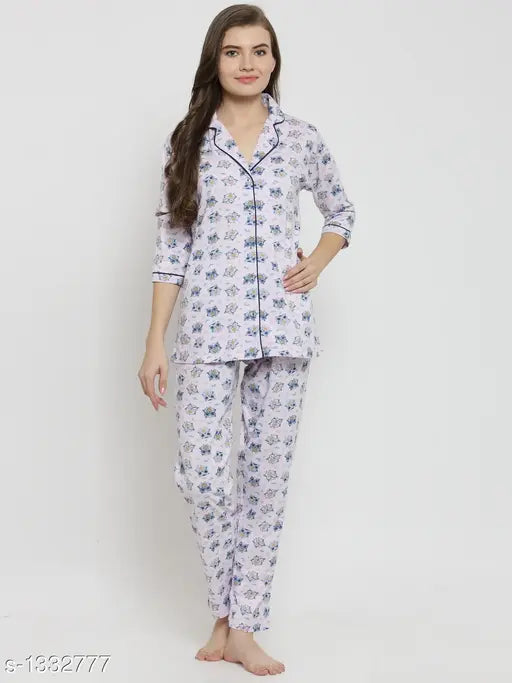 Comfy women's cotton night suits with printed net pattern, three-quarter sleeves, available in sizes S, L, XL