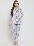 Comfy women's cotton night suits with printed net pattern, three-quarter sleeves, available in sizes S, L, XL