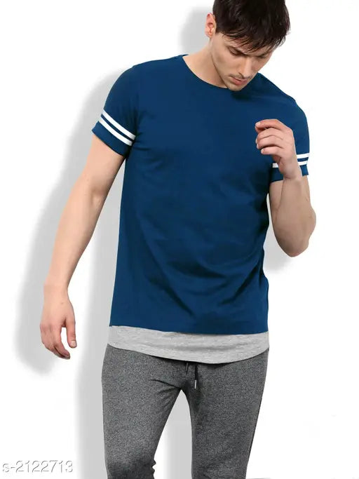 Blue cotton half sleeved Maniac men's striped round t-shirt with S, M, L, XL, XXL sizes available
