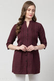 Maroon checked cotton kurti top, three-quarter sleeves, size S from India