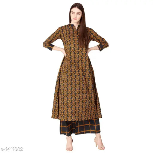 Rayon flared printed long kurti with palazzos - vibrant Indian traditional outfit in rayon fabric with three-quarter sleeves, featuring a net print design, available in sizes XS to XXL