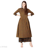 Rayon flared printed long kurti with palazzos - vibrant Indian traditional outfit in rayon fabric with three-quarter sleeves, featuring a net print design, available in sizes XS to XXL