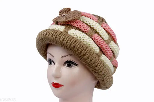 Pink and white yarn crocheted cap