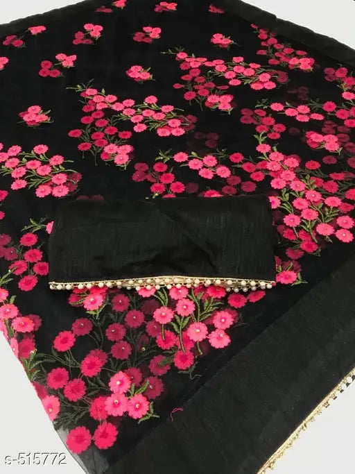 Pretty net embroidered saree, hand-embroidered Bangalori silk, traditional Indian attire
