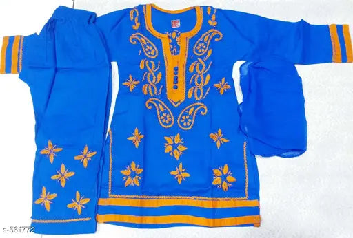 Stylish cotton girls plazo kurta with elastic chiffon dupatta, Lucknow chikankari handwork for infants, India