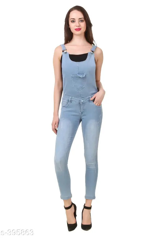 Denim dungaree jumpsuit for women, solid pattern, waist sizes 26in, 28in, up to 40in length
