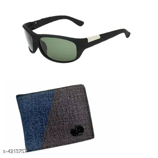Modern leather wallet & sunglasses set for men (2pcs), solid design in free size (11cm x 7cm), made in India