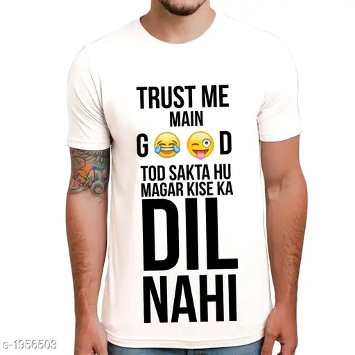 Mens stylish polyester T-shirt, printed net pattern, short sleeves, Indian made