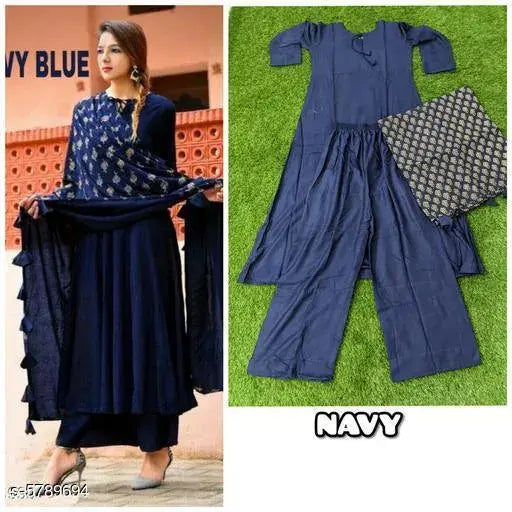 Navy blue rayon flared long kurti set with palazzos, embroidered cotton blend ethnic wear for women's casual and party wear