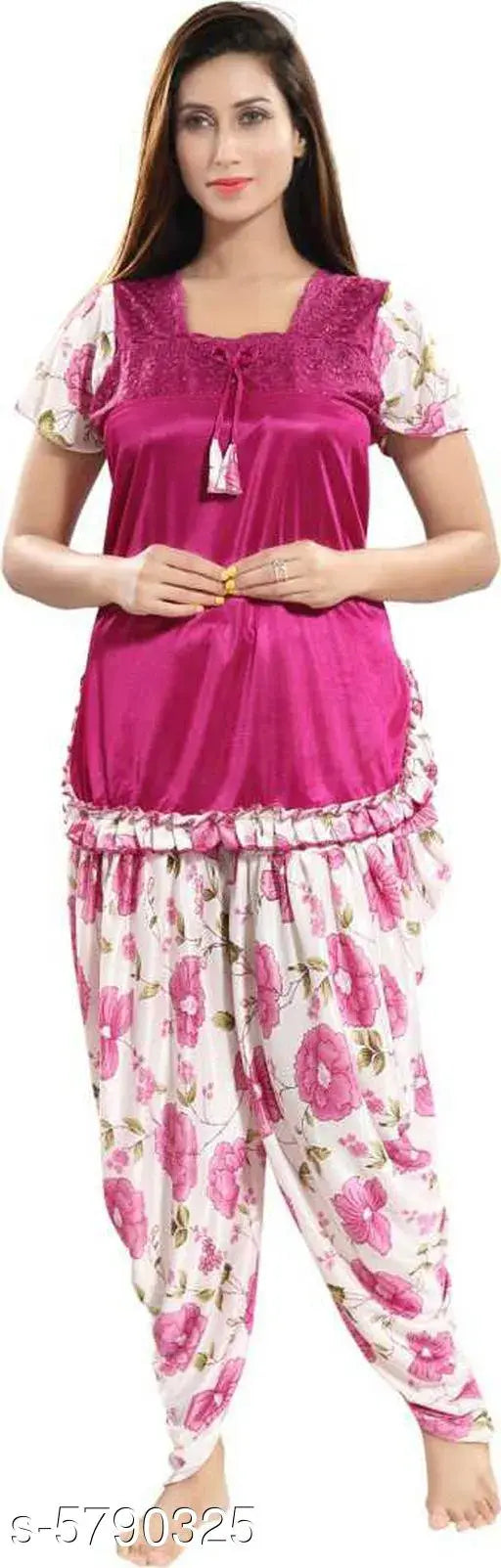 Trendy satin nightdress with patiala pants, solid net design, available in sizes L, XL, XXL, and free size