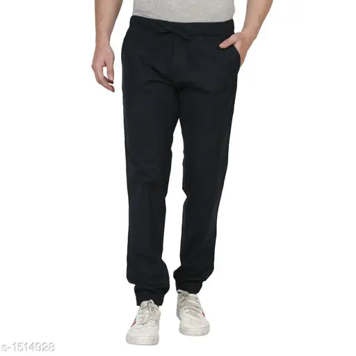 Solid navy blue cotton joggers for men, quality cotton apparel from India