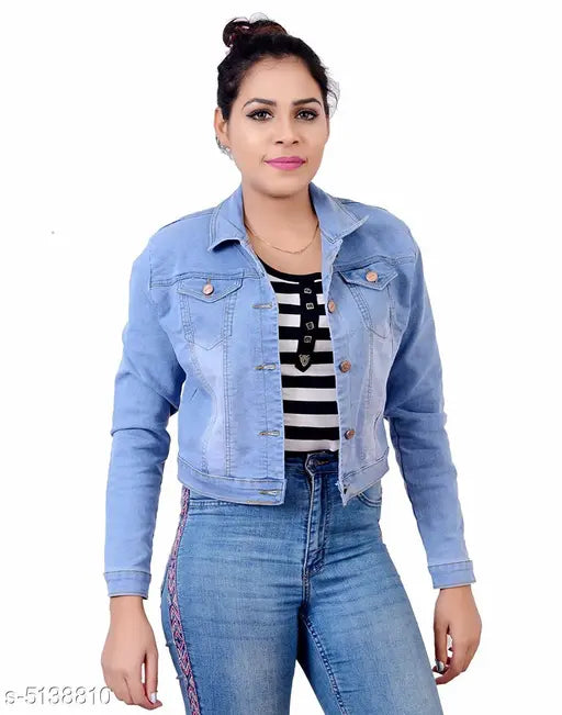 Denim designer fancy women's jacket with long sleeves, dyed/washed pattern, size S (36in bust, 15in length), made in India