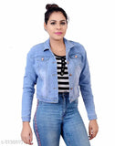 Denim designer fancy women's jacket with long sleeves, dyed/washed pattern, size S (36in bust, 15in length), made in India