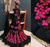 Net black embroidered Indian saree with separate blouse, intricately patterned