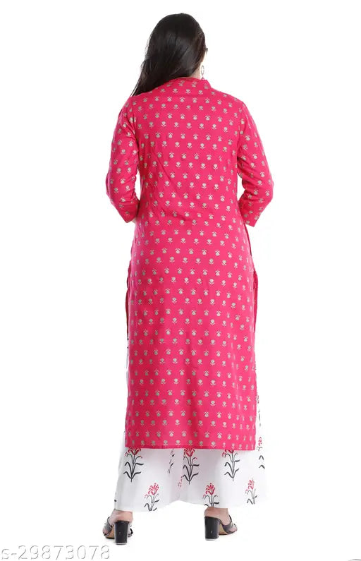 Rayon printed kurta with palazzo set, vibrant rayon fabric, three-quarter sleeves, traditional Indian attire on display