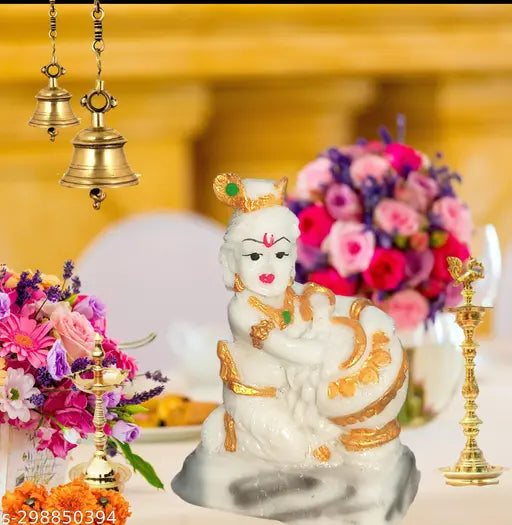 Marble White Baby Krishna Statue: High-quality polyresin Makhan Chor idol for home, office, or gift. Ideal for pooja room, tabletop decor, or showcase