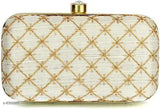 Gold and white patterned clutch, zip closure