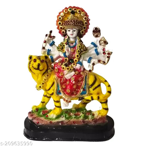 Handpainted Nav Durga Devi Sherawali MATA Poly Resin Statue - Durga seated on lion for home or temple decor, perfect for auspicious gifting and religious spiritual items