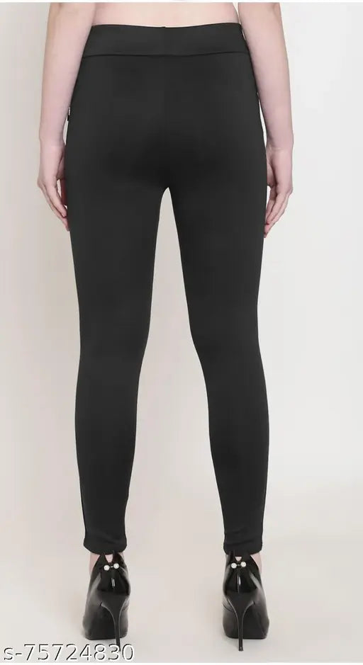 Black lycra jeggings for women and girls, stylish and comfortable gym or casual wear. Fits waist 28-34 inches, made in India