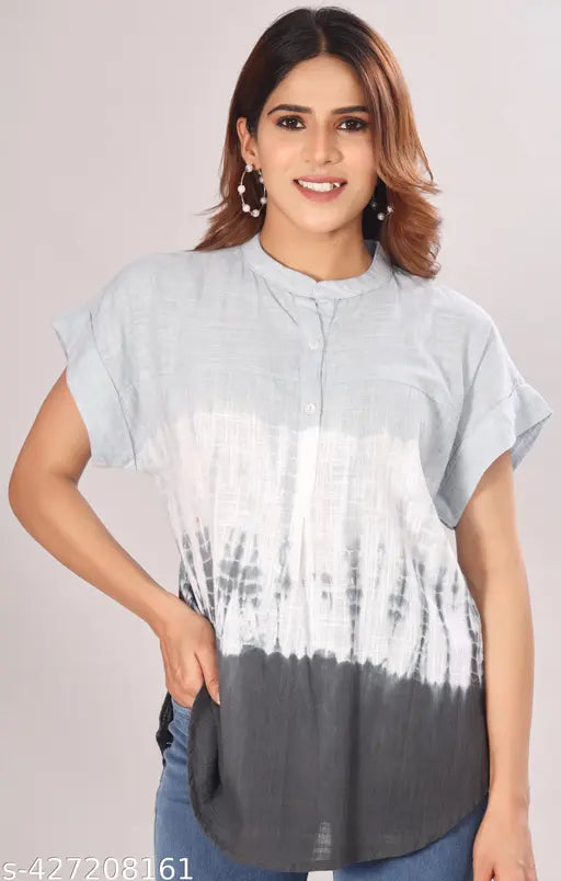 Grey tie-dye cotton slub top, short sleeves, printed pattern, versatile casual fashion