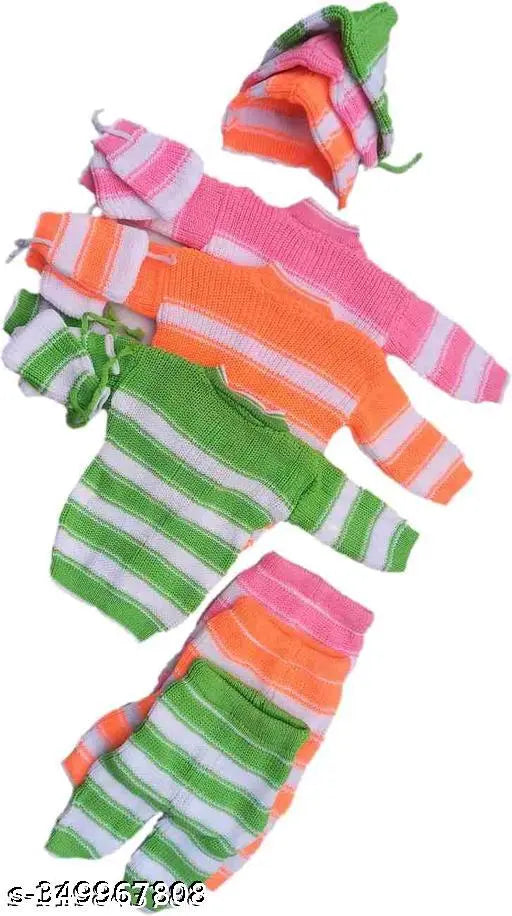 Striped wool newborn sweater set: 3-piece combo includes sweater, payjama, cap & booties - India