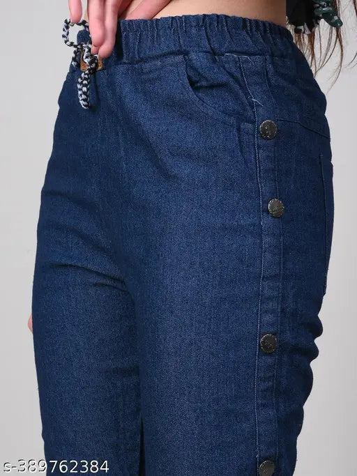 Dark blue stretchable denim side buttoned jeans with cargo pockets for women, high-waisted, boyfriend baggy, relaxed fit, mom jeans, bell bottom, cargo, flared, sharem