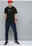 Men's black cotton striped t-shirt, pure cotton, blue red green stripes, round neck, suitable for all occasions, short sleeves, perfectly tailored