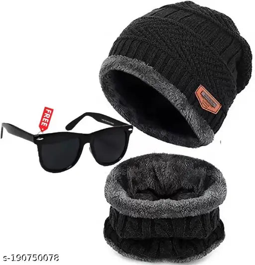 Black wool beanie cap for kids with polarized sunglasses, embellished design, perfect for outdoor activities