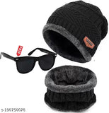 Black wool beanie cap for kids with polarized sunglasses, embellished design, perfect for outdoor activities